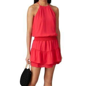Krisa Dress Size Small Bright Pink Mocked Halter High Neck Mini Ruffle Feminine